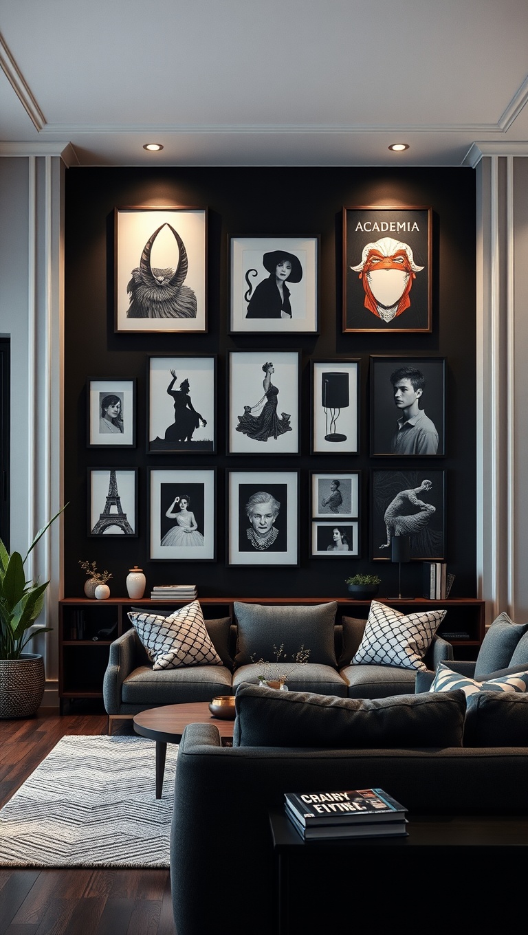 20 Enchanting Ideas for Dark Academia Living Rooms - Create a Gallery Wall