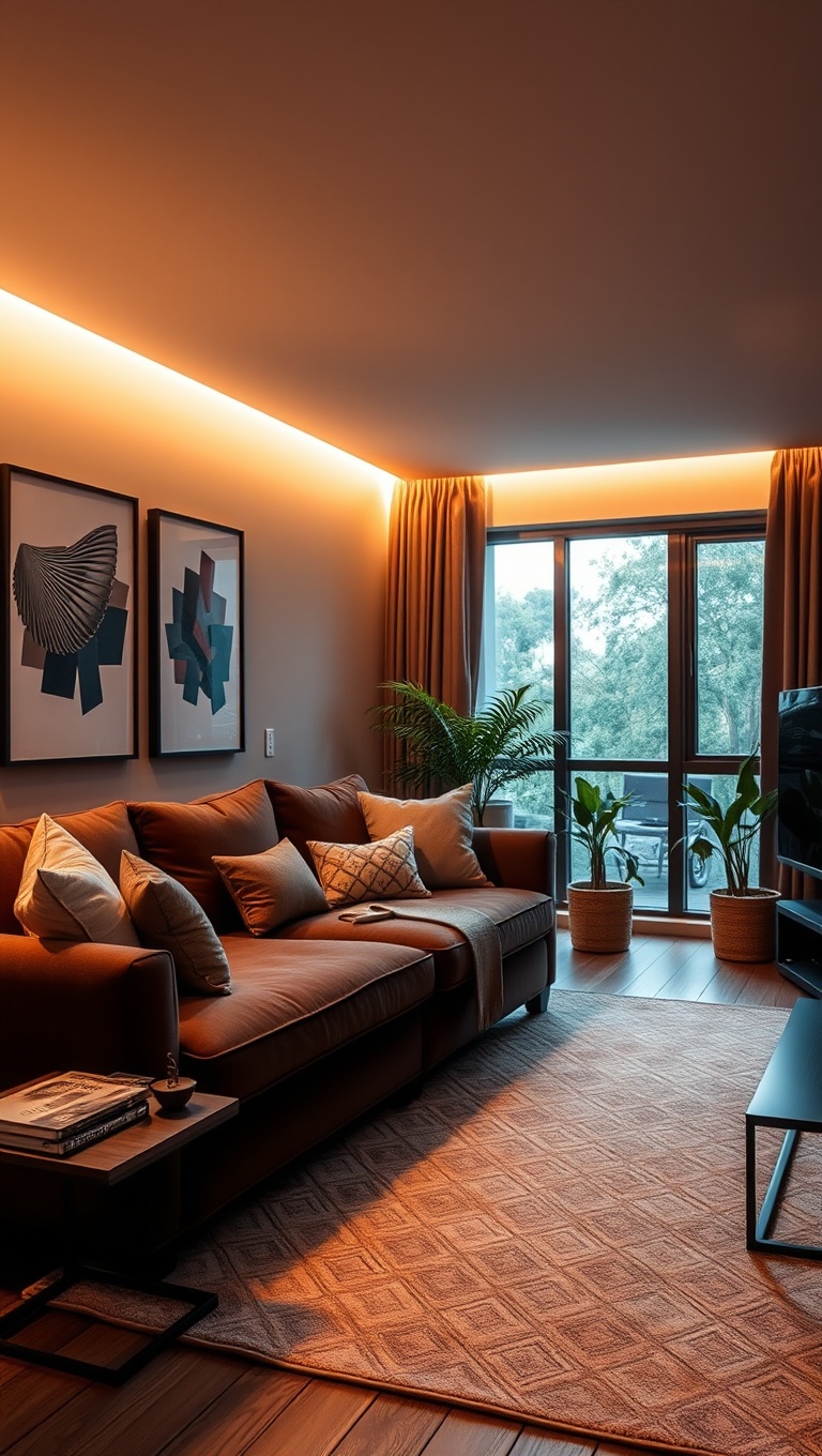 20 Cozy and Chic Ideas for Styling Your Dark Brown Couch Living Room - 4. Use Warm Lighting for Ambiance