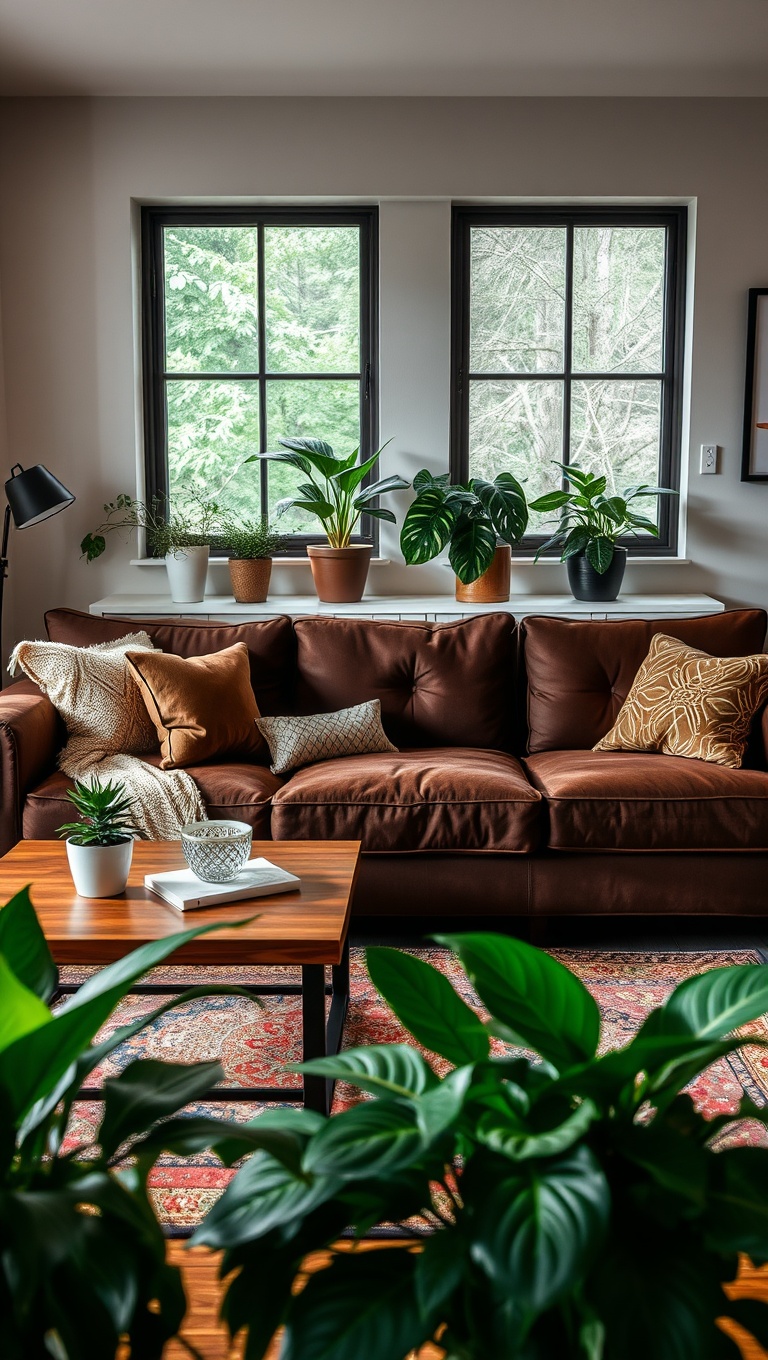 20 Cozy and Chic Ideas for Styling Your Dark Brown Couch Living Room - 5. Incorporate Greenery with Indoor Plants