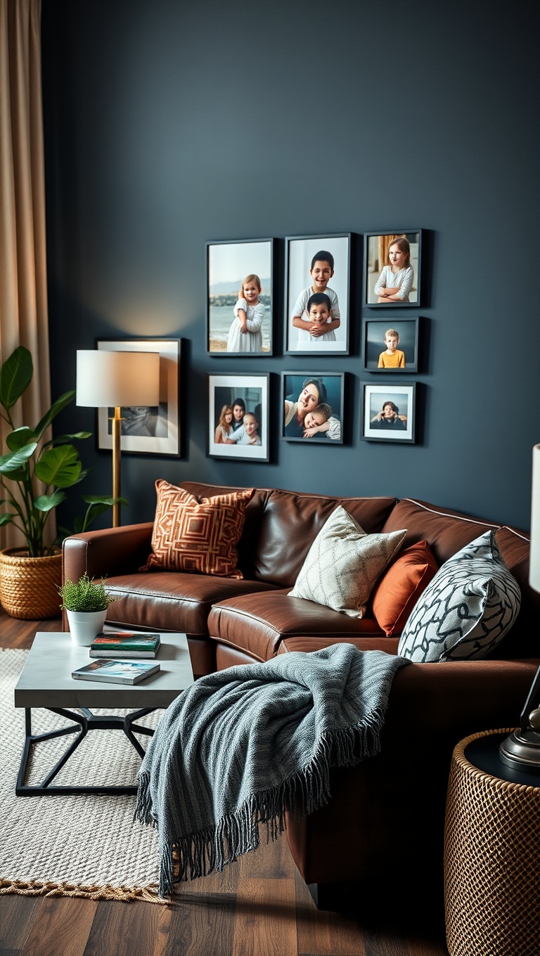 20 Cozy and Chic Ideas for Styling Your Dark Brown Couch Living Room - 16. Add a Fun Gallery of Family Photos