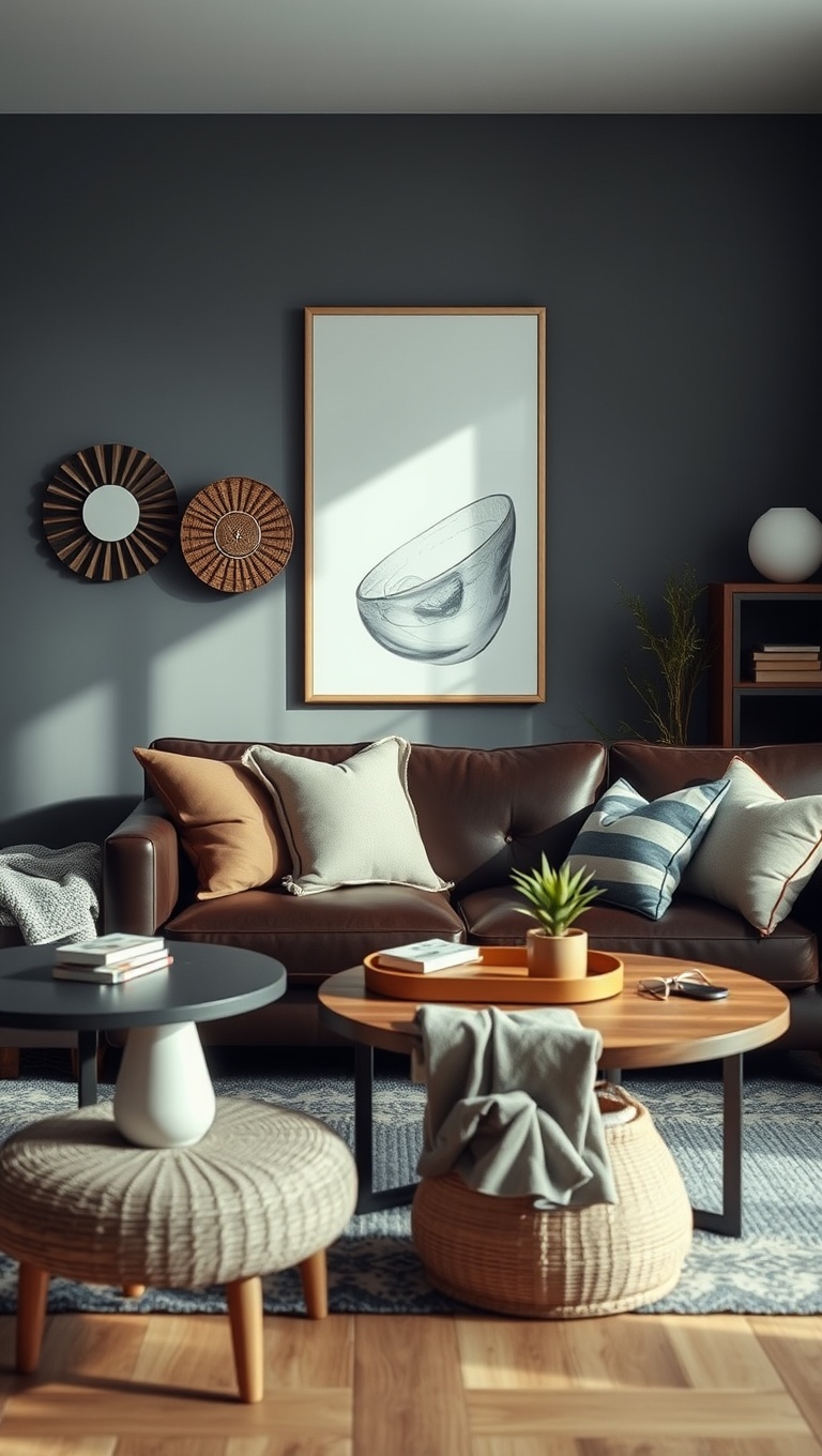 20 Cozy and Chic Ideas for Styling Your Dark Brown Couch Living Room - 13. Opt for Earthy Decor Items