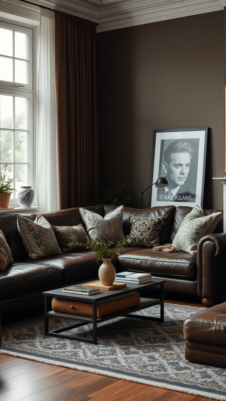 20 Cozy and Chic Ideas for Styling Your Dark Brown Couch Living Room - 14. Style with Vintage Finds