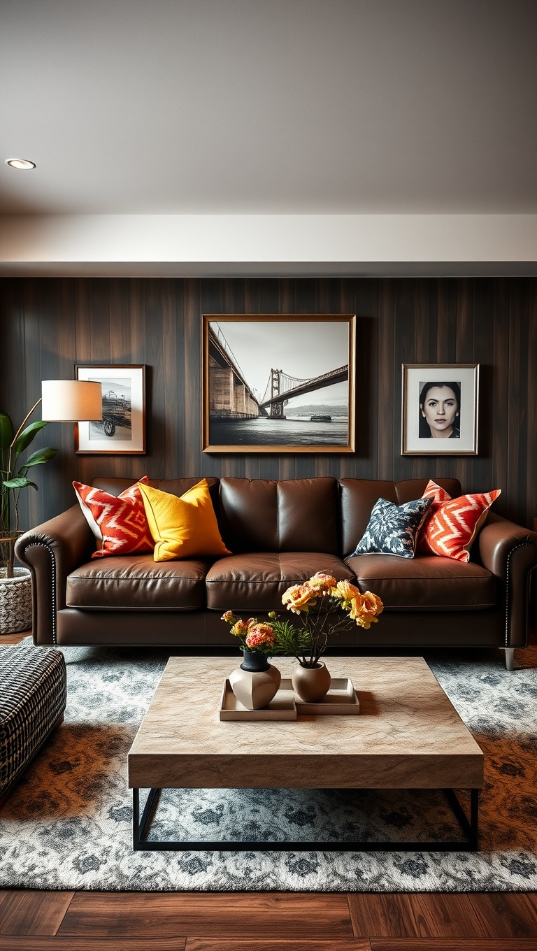 20 Cozy and Chic Ideas for Styling Your Dark Brown Couch Living Room - 1. Pair with Bright Accent Pillows