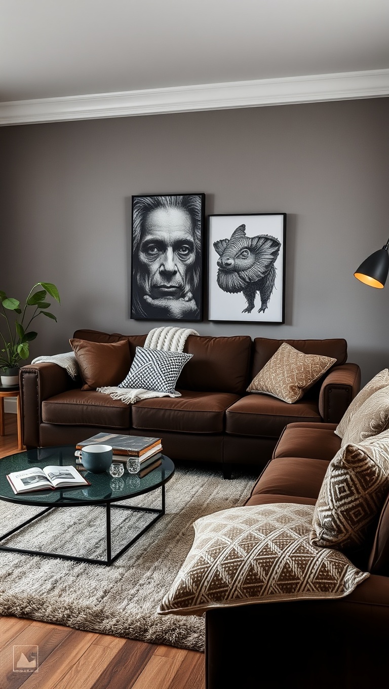 20 Cozy and Chic Ideas for Styling Your Dark Brown Couch Living Room - 6. Mix with Textured Throws
