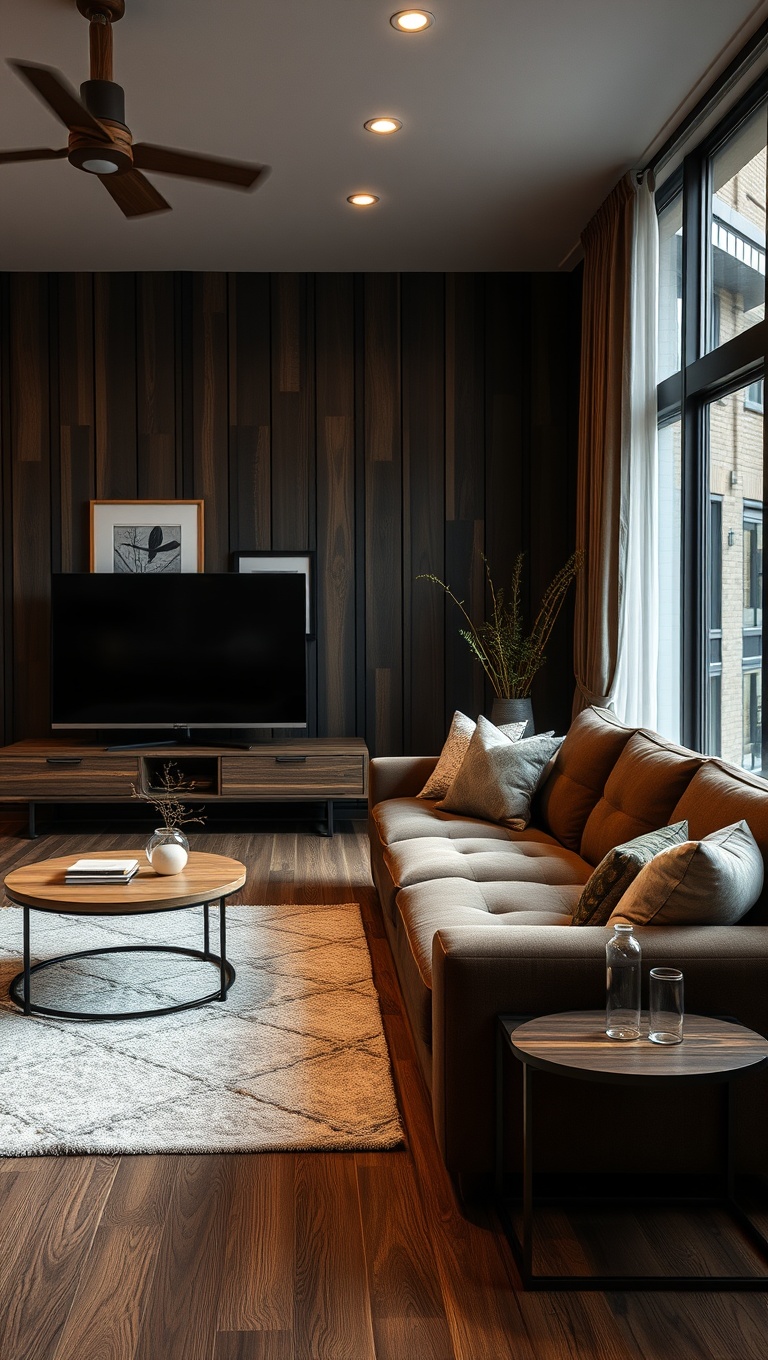 20 Cozy and Chic Ideas for Styling Your Dark Brown Couch Living Room - 17. Use Natural Wood Elements