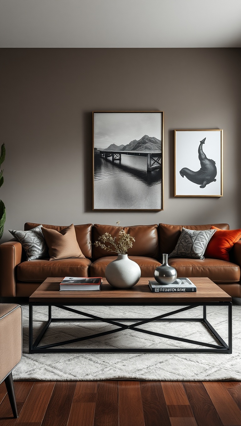 20 Cozy and Chic Ideas for Styling Your Dark Brown Couch Living Room - 12. Use a Statement Coffee Table