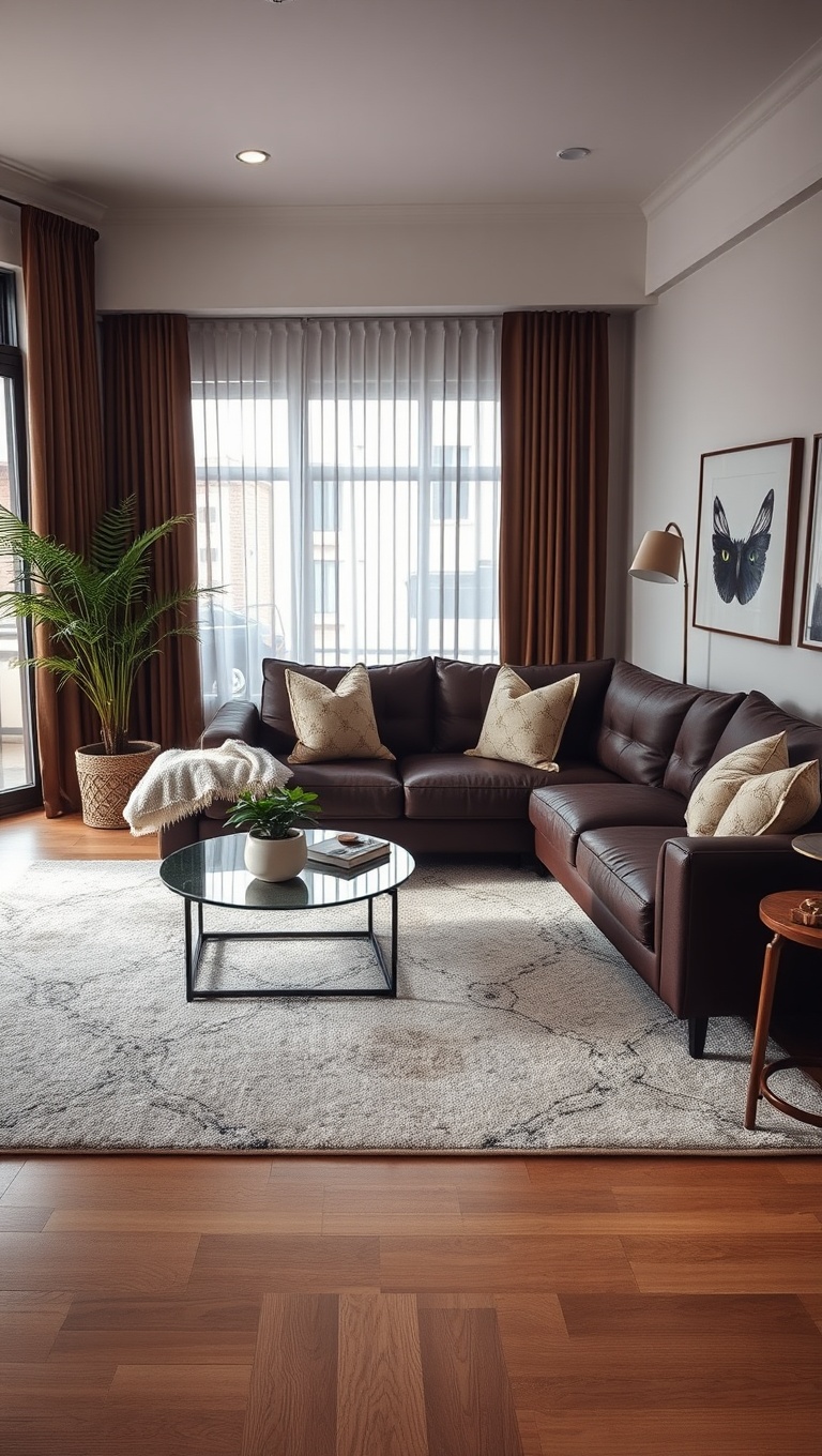 20 Cozy and Chic Ideas for Styling Your Dark Brown Couch Living Room - 2. Add a Light-Colored Area Rug