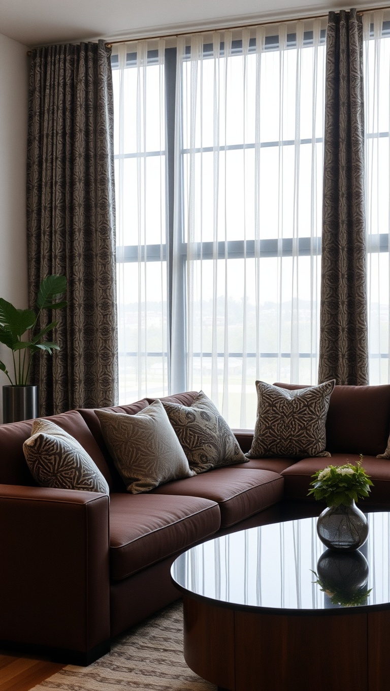 20 Cozy and Chic Ideas for Styling Your Dark Brown Couch Living Room - 19. Mix Patterns with Curtains
