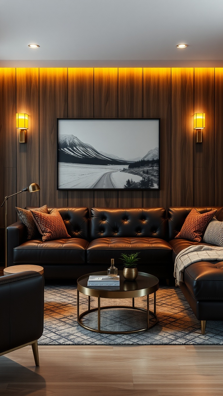 20 Cozy and Chic Ideas for Styling Your Dark Brown Couch Living Room - 10. Introduce Metallic Accents