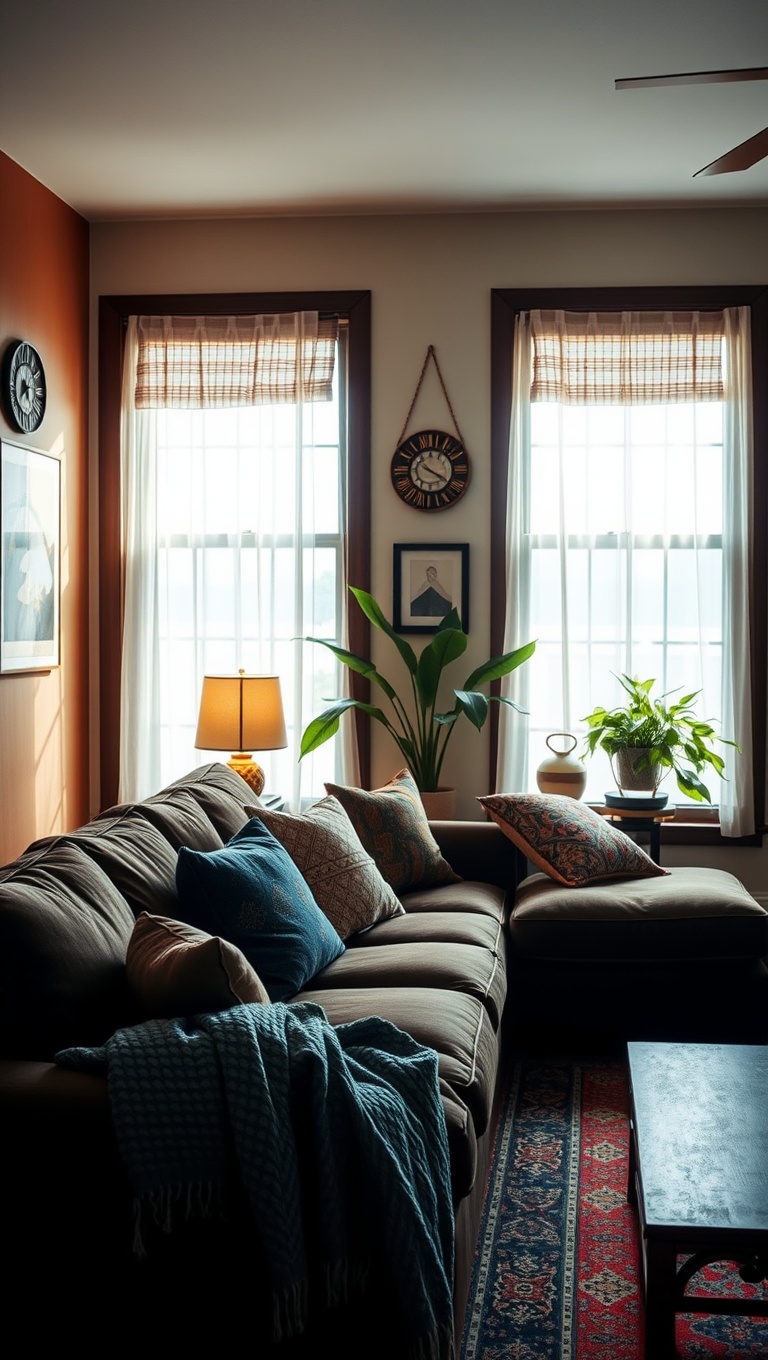 20 Cozy and Chic Ideas for Styling Your Dark Brown Couch Living Room - 8. Embrace a Bohemian Vibe