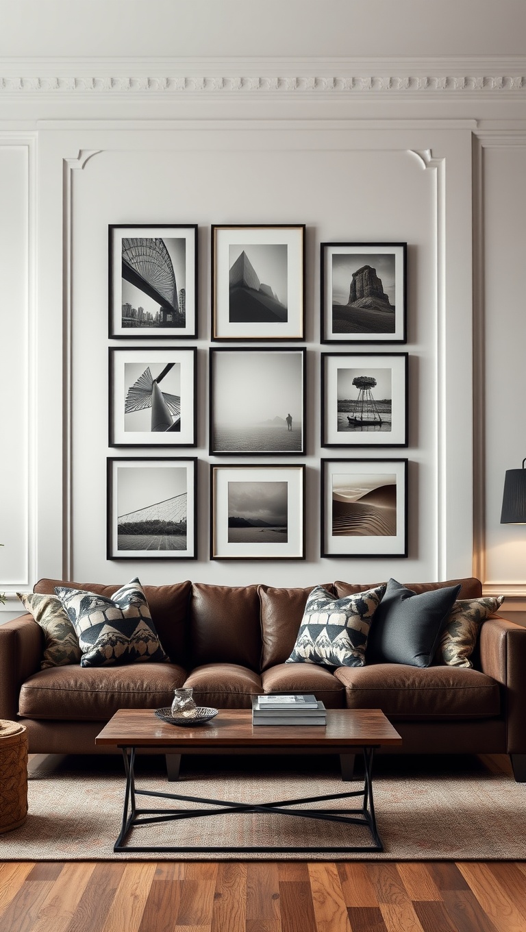 20 Cozy and Chic Ideas for Styling Your Dark Brown Couch Living Room - 3. Create a Gallery Wall with Art