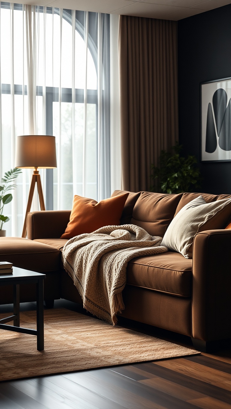 20 Cozy and Chic Ideas for Styling Your Dark Brown Couch Living Room - 11. Layer with a Cozy Blanket