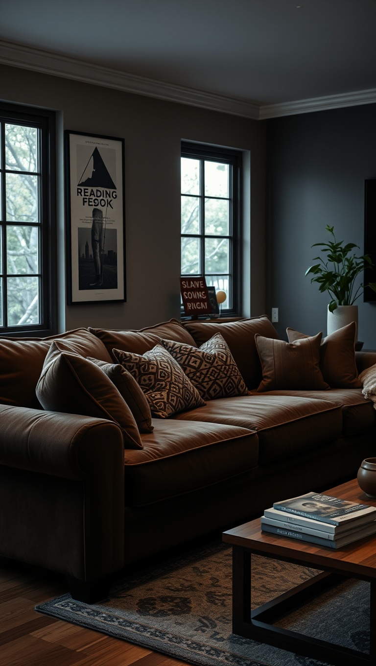 20 Cozy and Chic Ideas for Styling Your Dark Brown Couch Living Room - 18. Create a Reading Nook