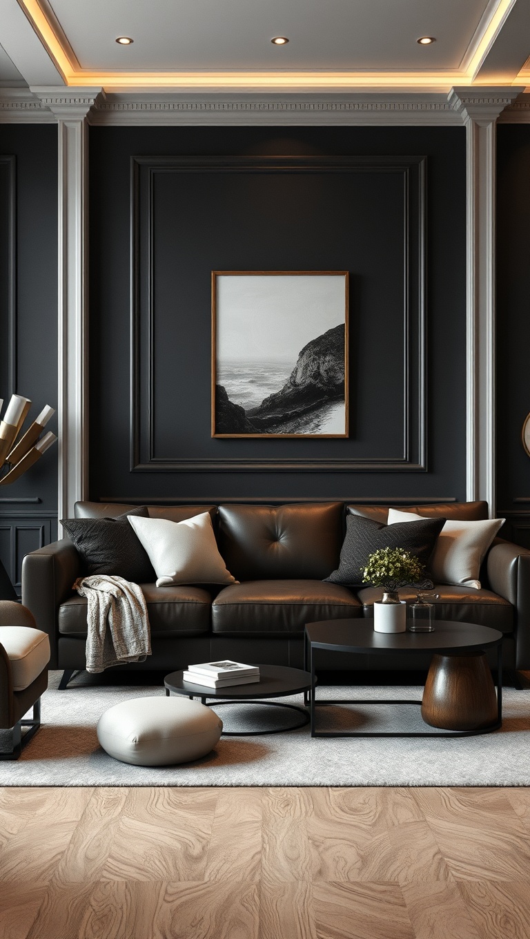 20 Cozy and Chic Ideas for Styling Your Dark Brown Couch Living Room - 9. Create Contrast with White or Gray