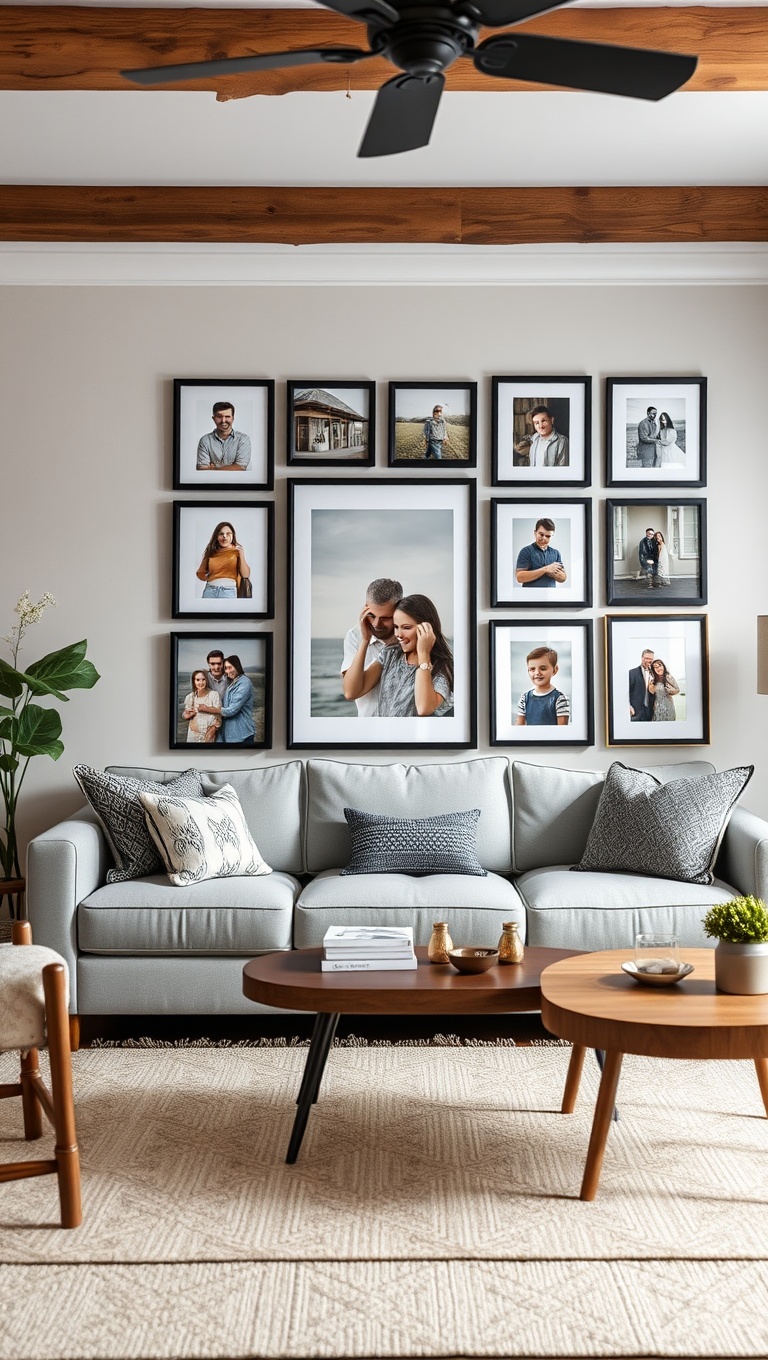 20 Charming Ideas for Your Dream Farmhouse Living Room - 5. Create a Gallery Wall with Family Photos