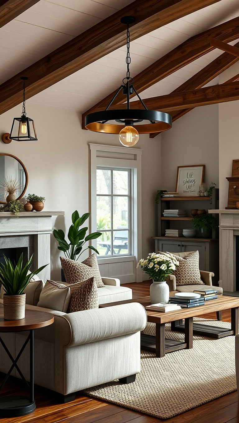 20 Charming Ideas for Your Dream Farmhouse Living Room - 7. Incorporate Rustic Lighting Fixtures