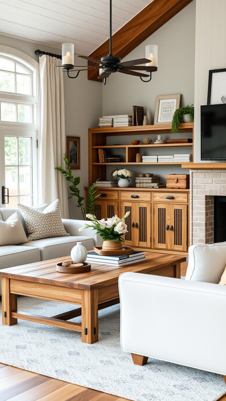 20 Charming Ideas for Your Dream Farmhouse Living Room - 6. Use a Farmhouse-Style Coffee Table
