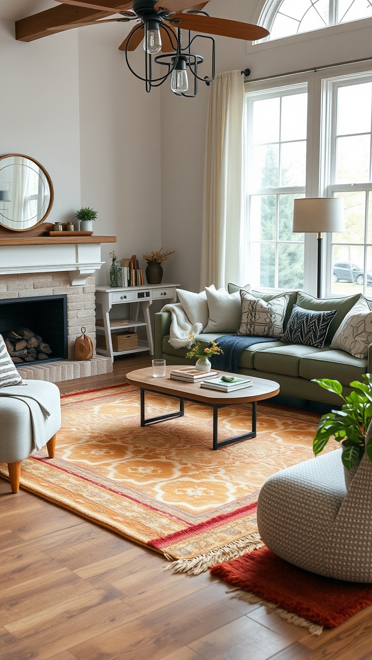 20 Charming Ideas for Your Dream Farmhouse Living Room - 18. Incorporate Bold Patterned Rugs