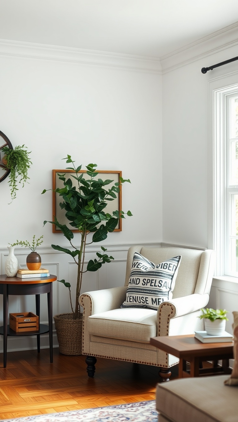 20 Charming Ideas for Your Dream Farmhouse Living Room - 13. Create a Reading Nook with a Comfy Chair