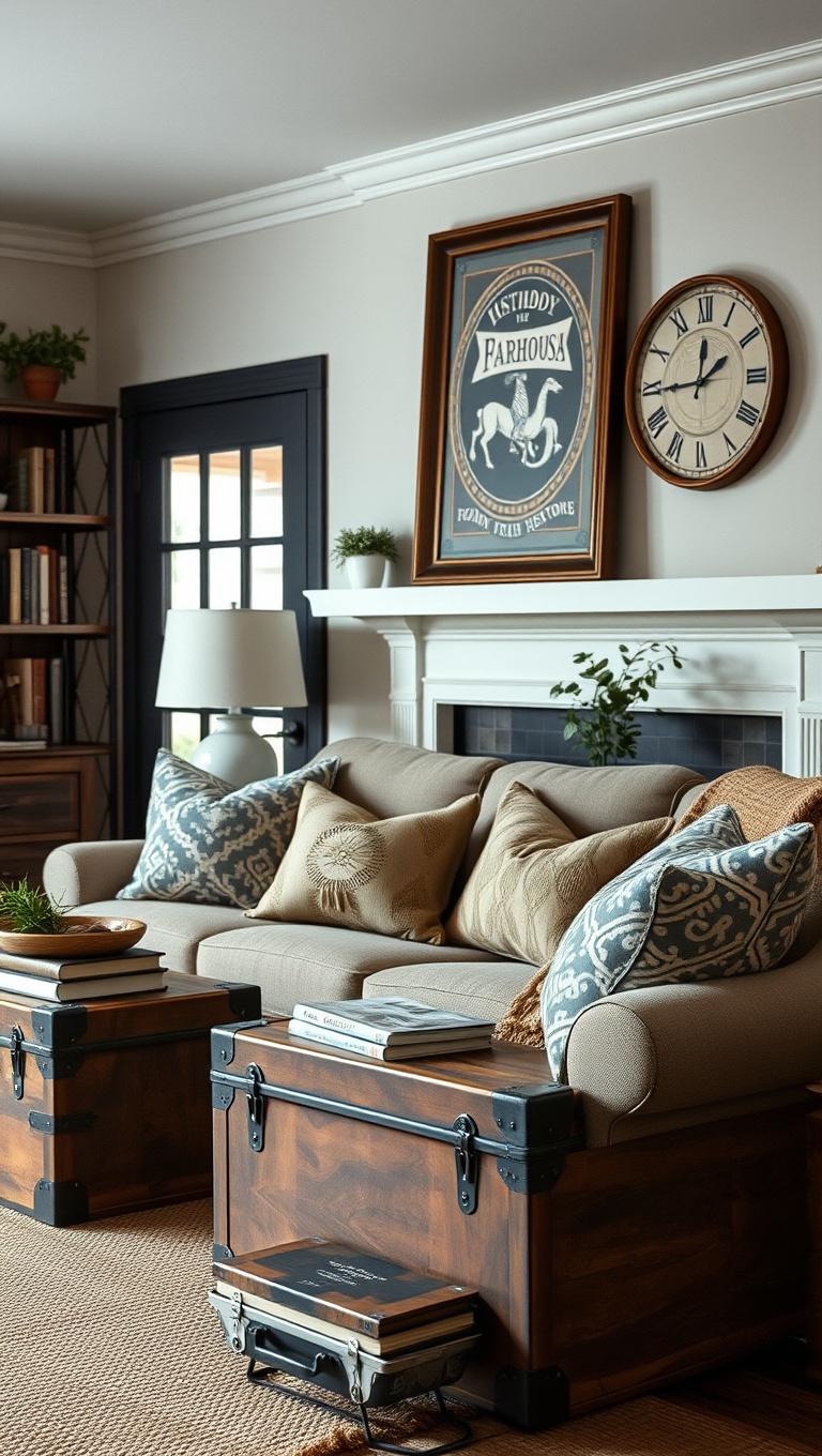 20 Charming Ideas for Your Dream Farmhouse Living Room - 15. Decorate with Vintage Books and Trunks