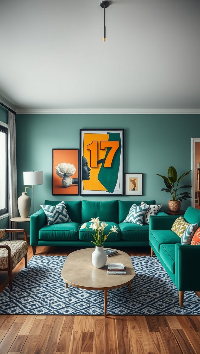 20 Stunning Ideas for Your Green Couch Living Room - 17. Utilize Bold, Bright Artwork