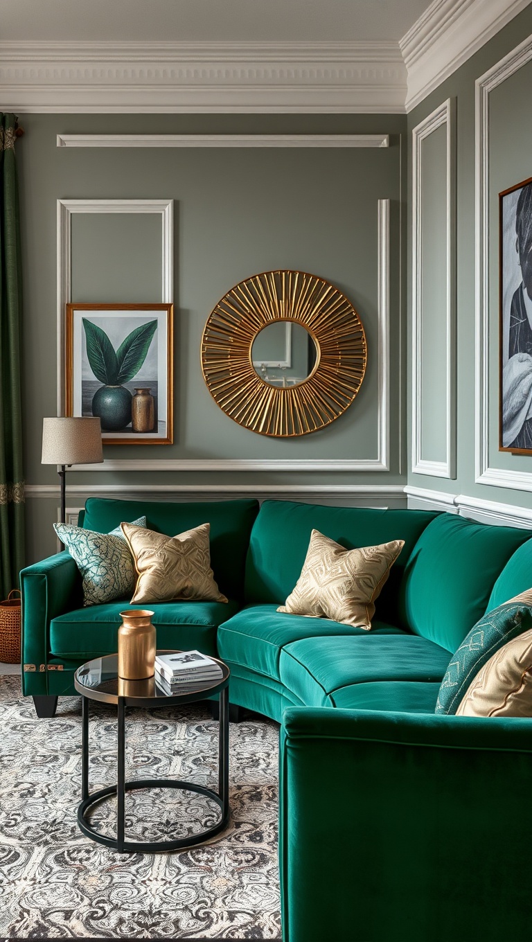20 Stunning Ideas for Your Green Couch Living Room - 10. Incorporate Metallics for Glam