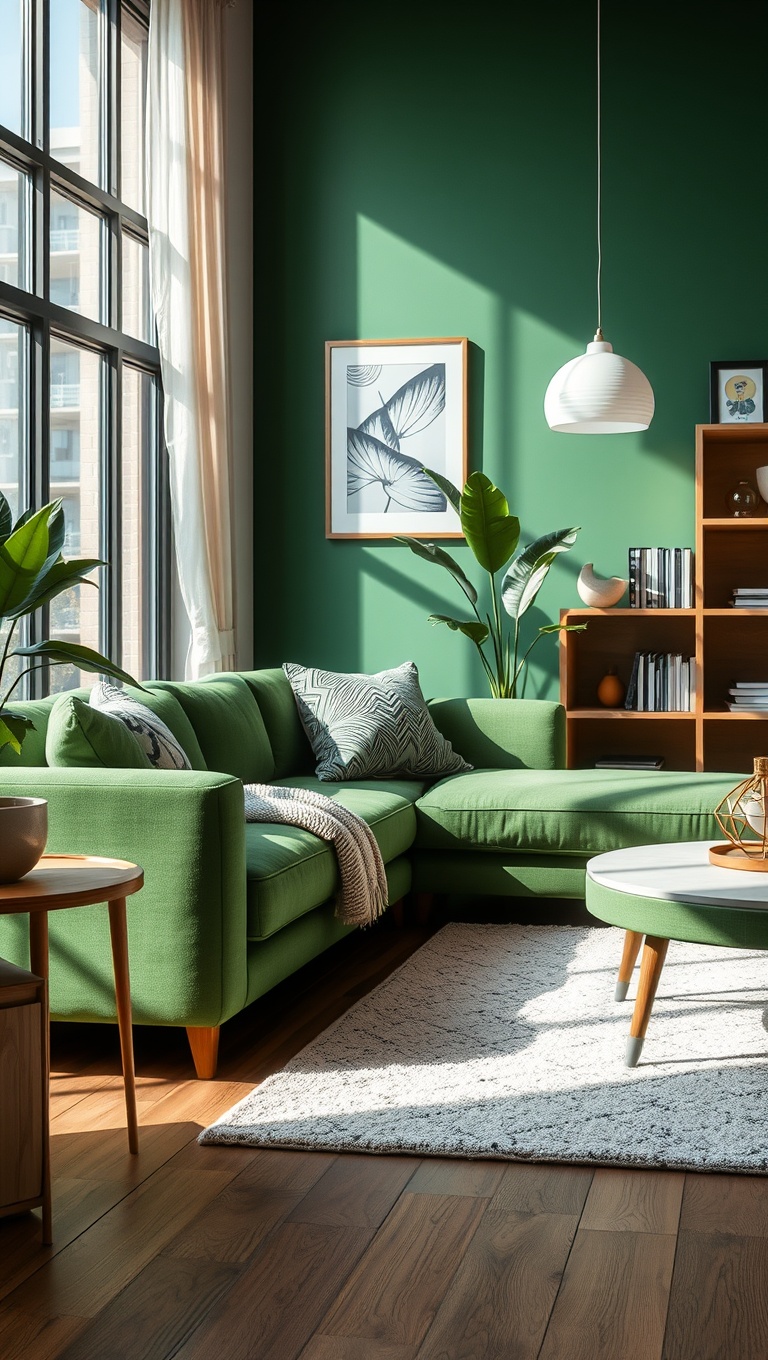 20 Stunning Ideas for Your Green Couch Living Room - 11. Layer with a Soft Area Rug
