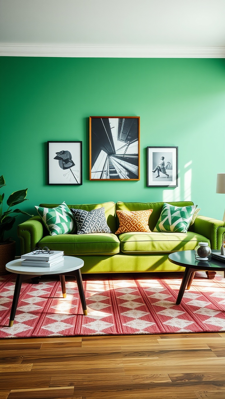 20 Stunning Ideas for Your Green Couch Living Room - 8. Use Geometric Patterns for Fun