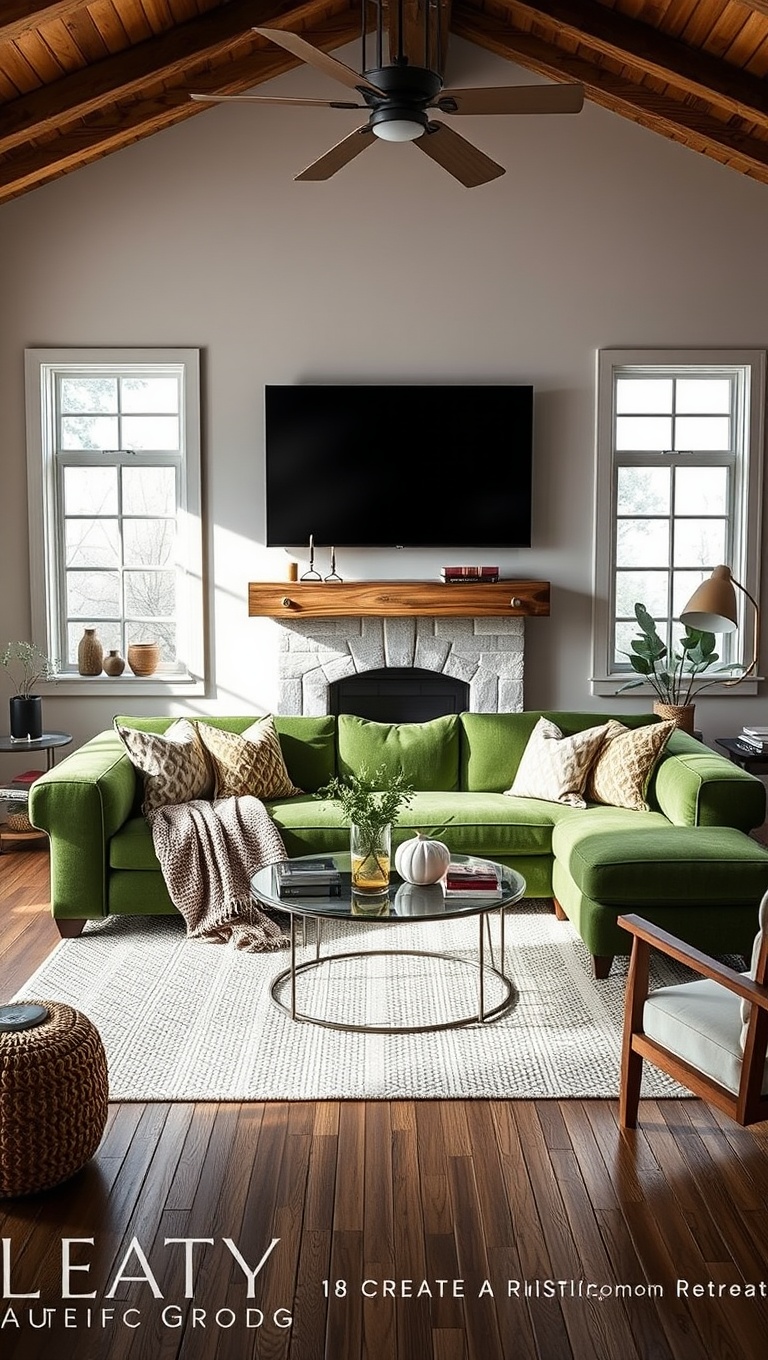20 Stunning Ideas for Your Green Couch Living Room - 18. Create a Rustic Retreat