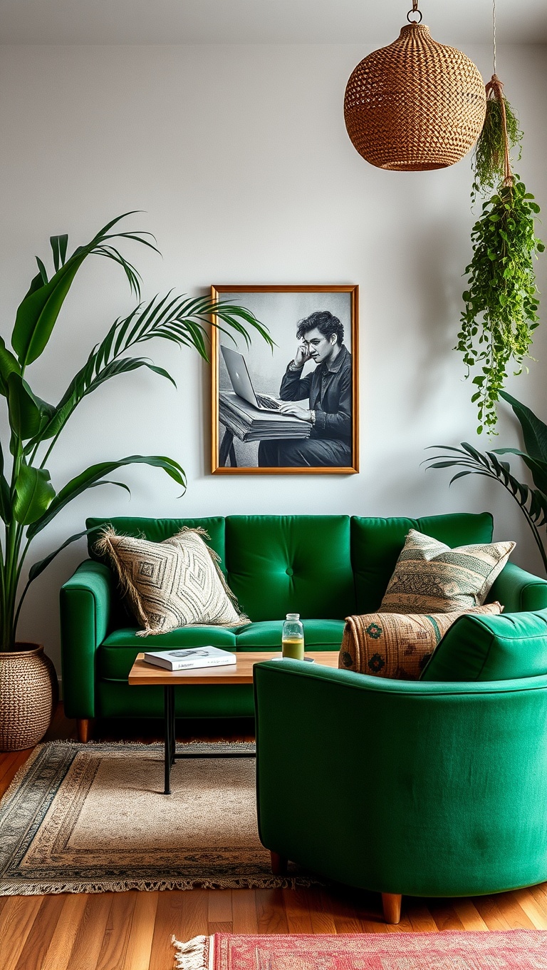 20 Stunning Ideas for Your Green Couch Living Room - 3. Create a Bohemian Oasis
