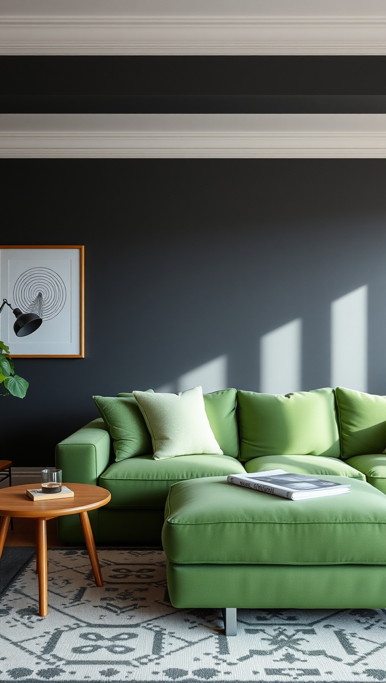 20 Stunning Ideas for Your Green Couch Living Room - 13. Create Contrast with Dark Walls