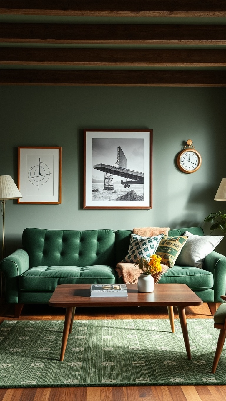 20 Stunning Ideas for Your Green Couch Living Room - 12. Use Vintage Pieces for Charm