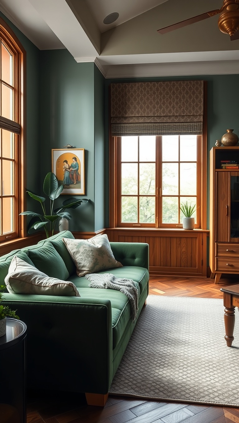 20 Stunning Ideas for Your Green Couch Living Room - 9. Accent with Warm Wooden Furniture