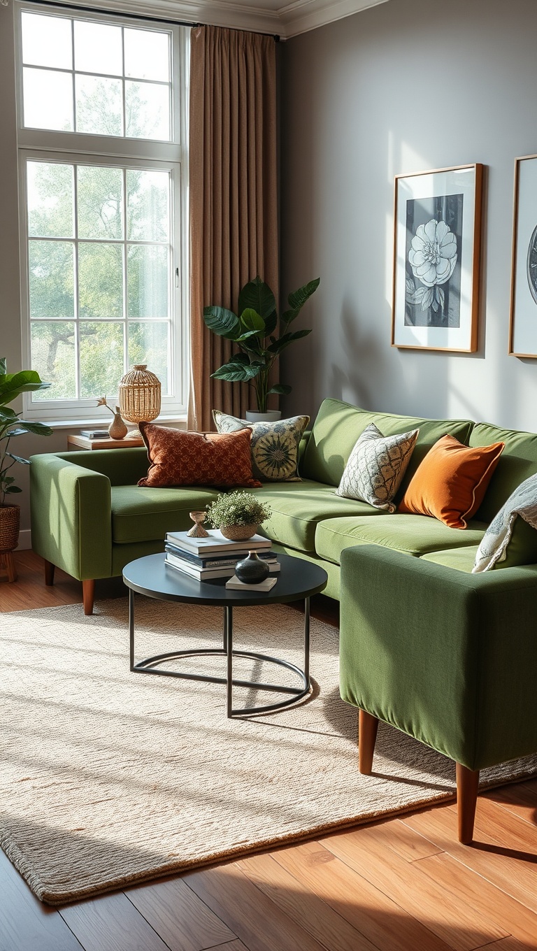 20 Stunning Ideas for Your Green Couch Living Room - 2. Pair with Neutral Accents