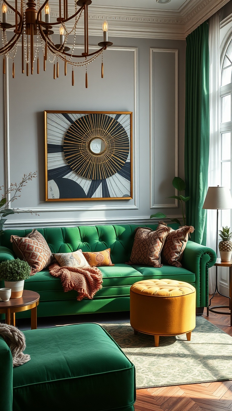 20 Stunning Ideas for Your Green Couch Living Room - 15. Enhance with Art Deco Elements