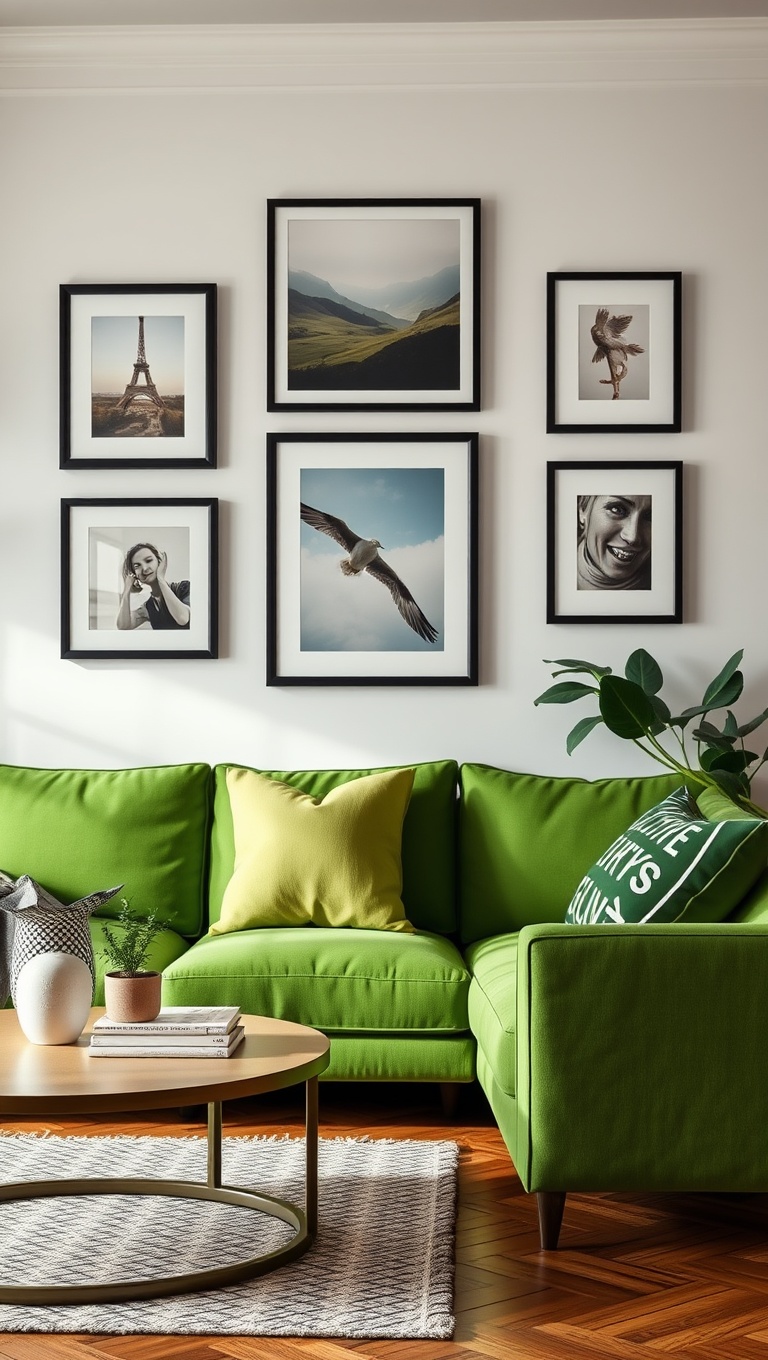 20 Stunning Ideas for Your Green Couch Living Room - 7. Create a Gallery Wall