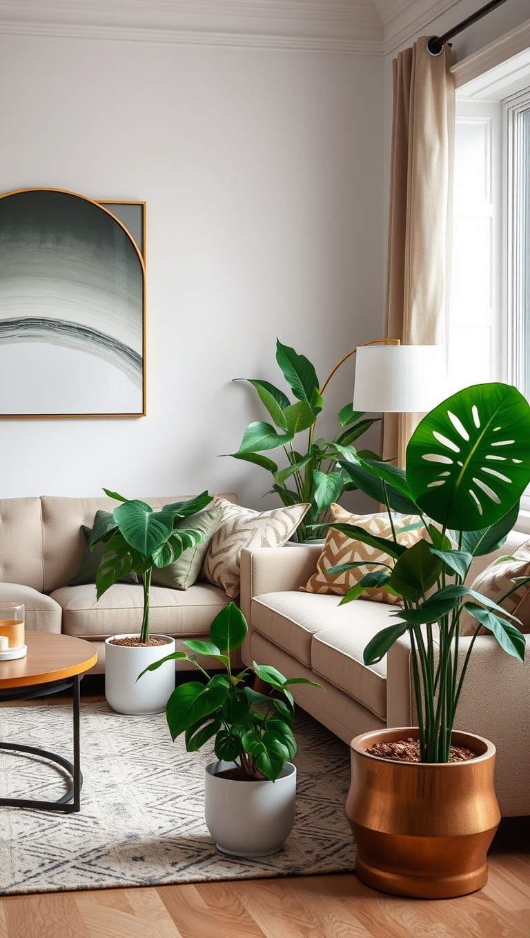 20 Lively Living Room Ideas with Fake Plants to Brighten Your Space! - 3. Statement Floor Plants: Make a Bold Impression