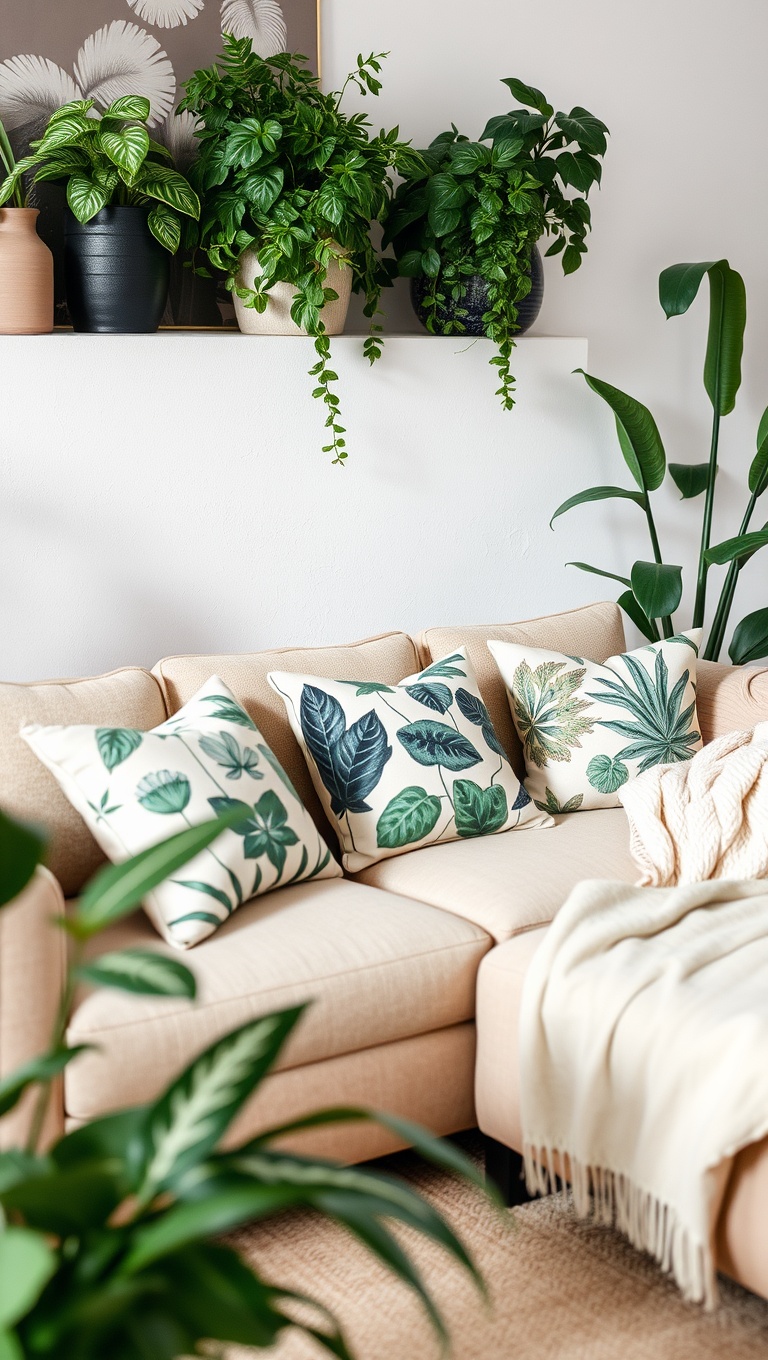 20 Lively Living Room Ideas with Fake Plants to Brighten Your Space! - 10. Plant-Themed Fabrics: Cushions and Throws