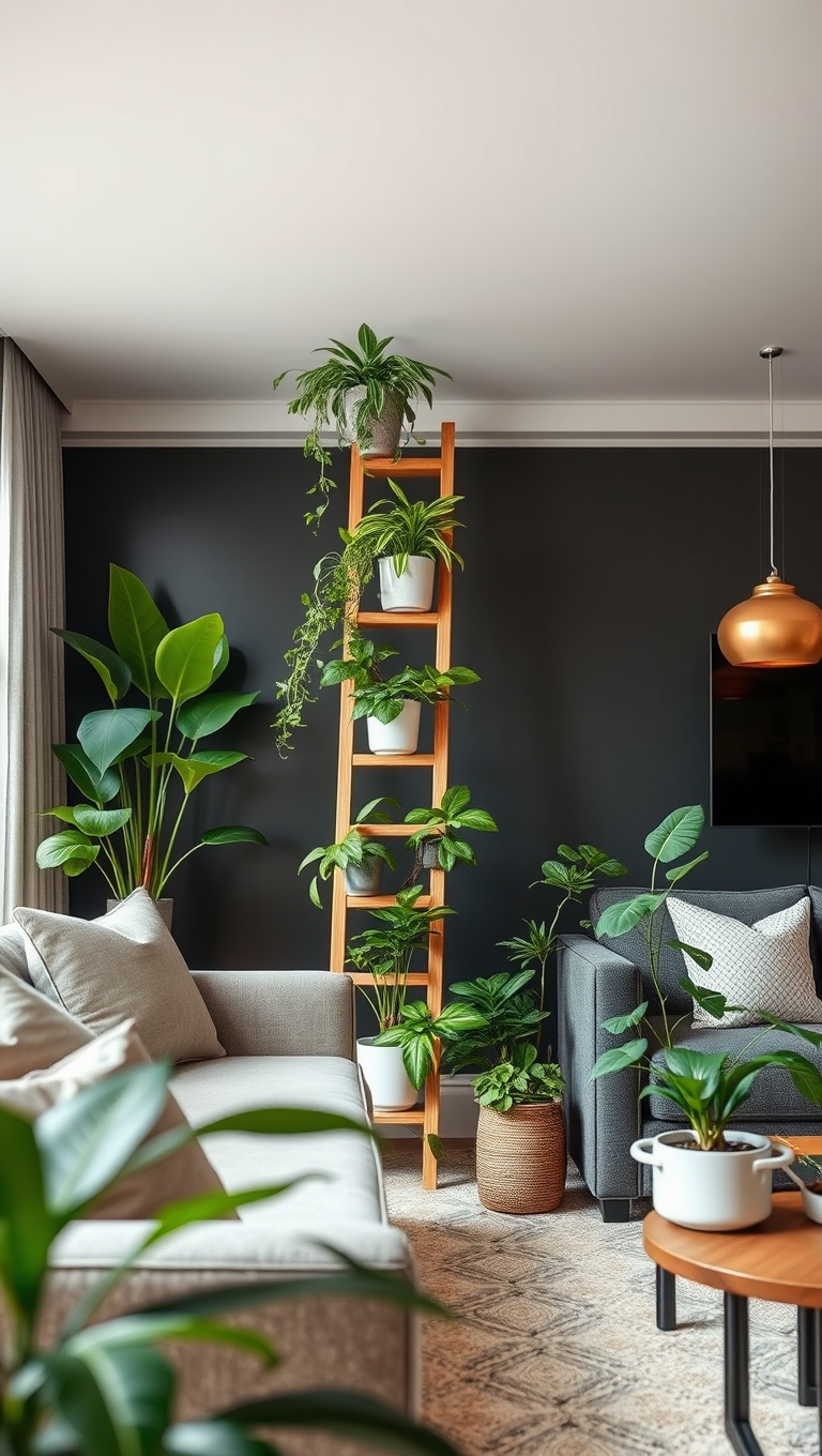 20 Lively Living Room Ideas with Fake Plants to Brighten Your Space! - 4. Plant Ladder: A Unique Display Idea