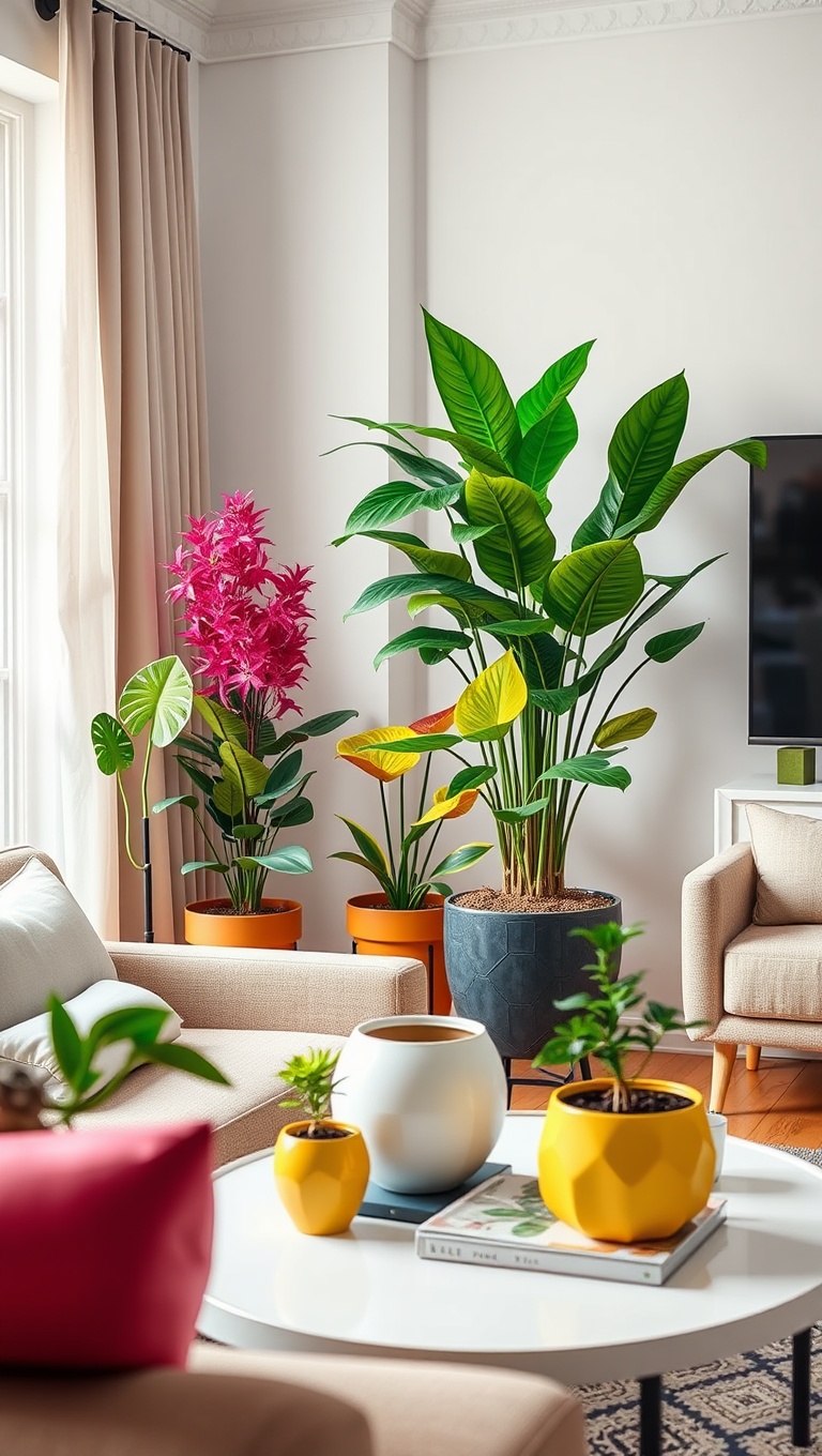 20 Lively Living Room Ideas with Fake Plants to Brighten Your Space! - 13. Colorful Planters: Fun and Festive