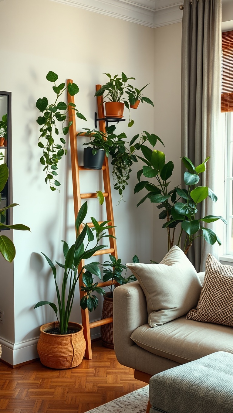 20 Lush Ideas to Bring Your Living Room to Life with Plants - 4. Add a Plant Ladder for Stylish Height