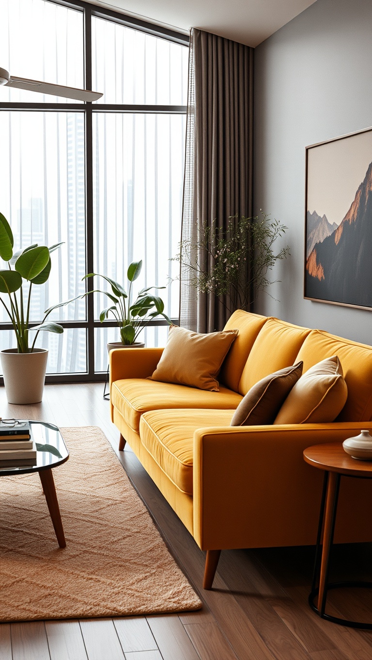 20 Stunning Ideas to Elevate Your Mid Century Modern Living Room - 2. Choose a Statement Sofa in a Retro Shade
