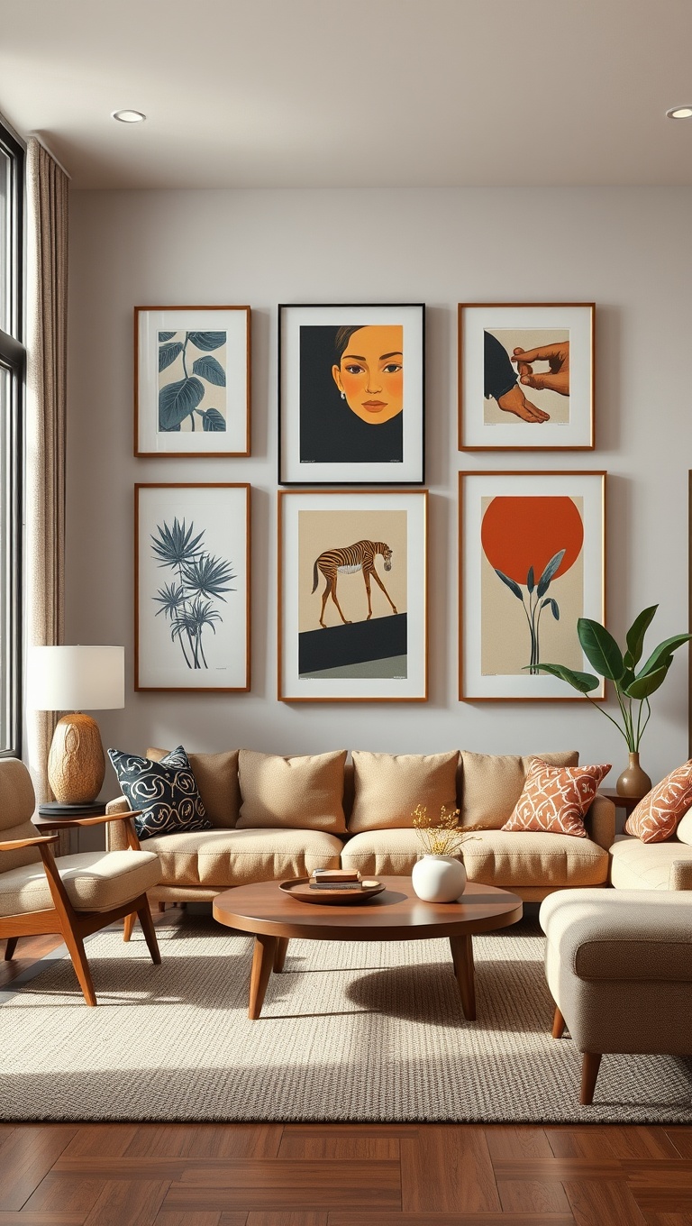 20 Stunning Ideas to Elevate Your Mid Century Modern Living Room - 6. Hang Artworks that Celebrate the Era