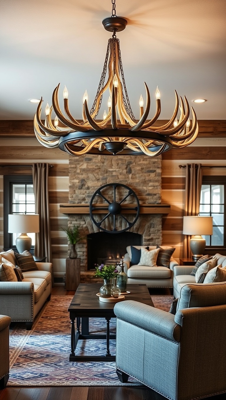 20 Charming Ideas for Your Rustic Living Room Retreat - 9. Opt for Antler or Wagon Wheel Chandeliers