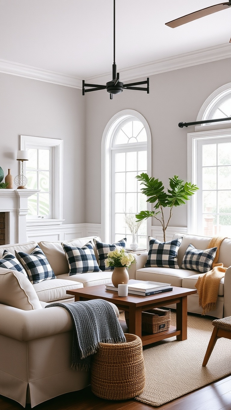 20 Cozy Ideas for Your Warm Farmhouse Living Room - 16. Play with Patterns: Introduce Plaids and Stripes