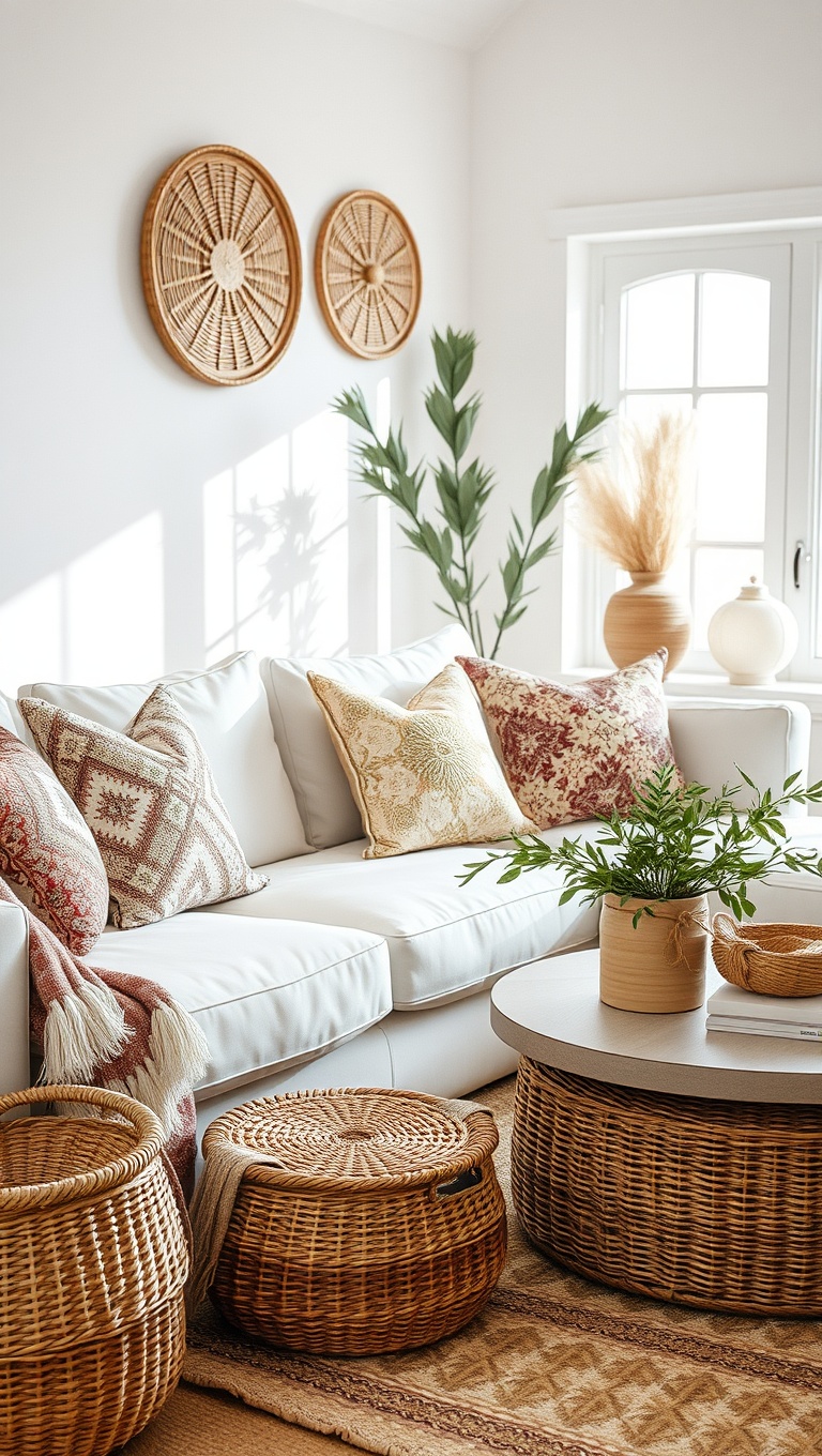 20 Bright and Breezy Ideas for Your White Couch Living Room - 9. Try a Bohemian Touch: Woven Baskets and Textiles