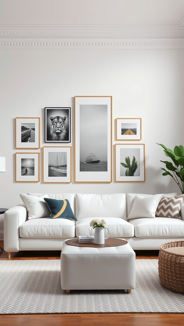 20 Bright and Breezy Ideas for Your White Couch Living Room - 5. Create a Gallery Wall: Showcase Your Art