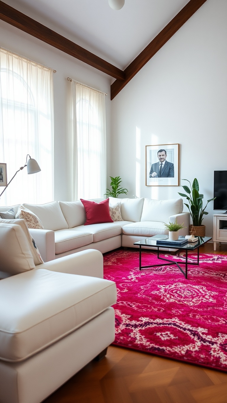 20 Bright and Breezy Ideas for Your White Couch Living Room - 2. Add a Vibrant Area Rug: Ground Your Space