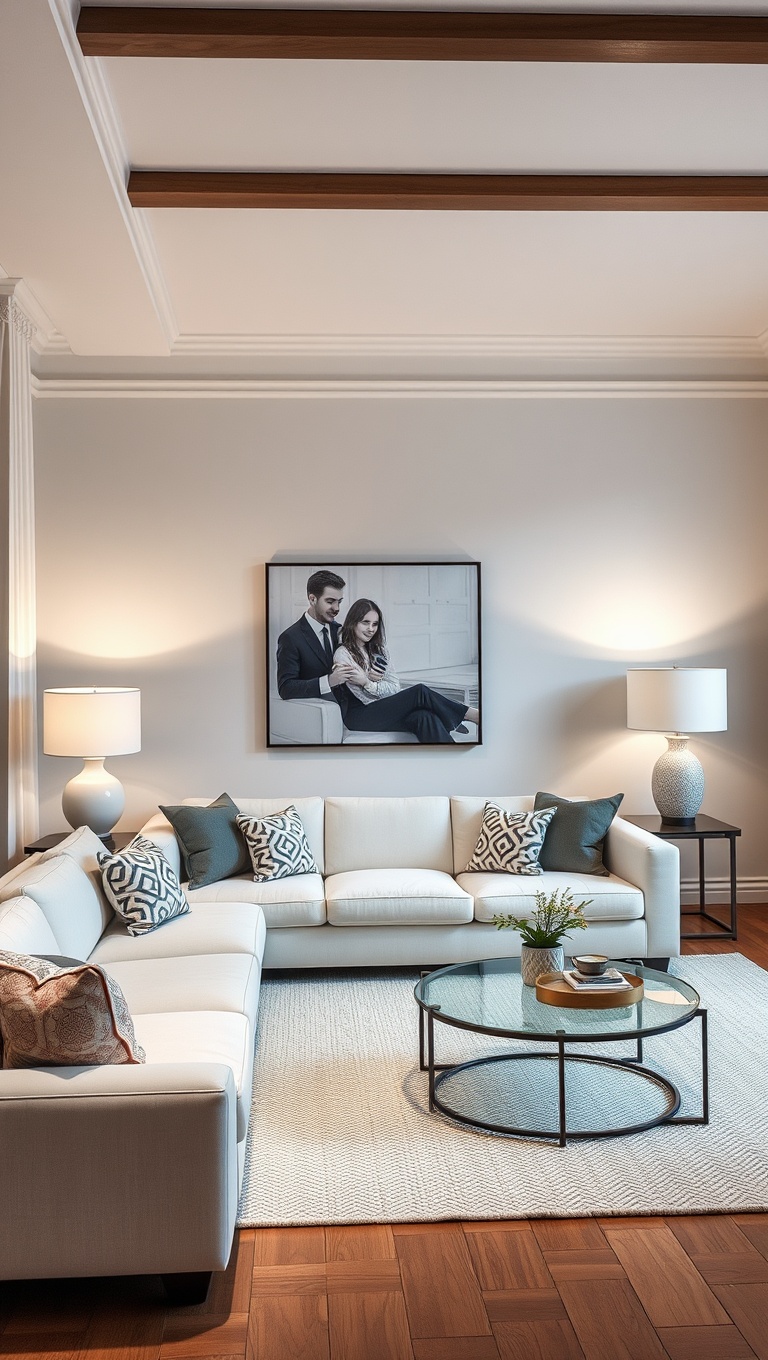 20 Bright and Breezy Ideas for Your White Couch Living Room - 11. Use Lighting Wisely: Statement Lamps and Fixtures