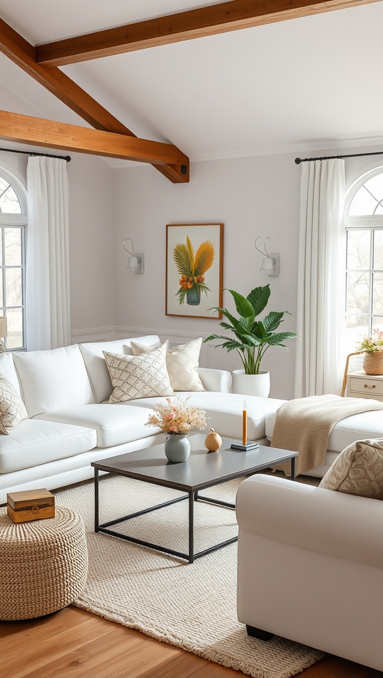 20 Bright and Breezy Ideas for Your White Couch Living Room - 18. Create a Seasonal Look: Change It Up with Decor